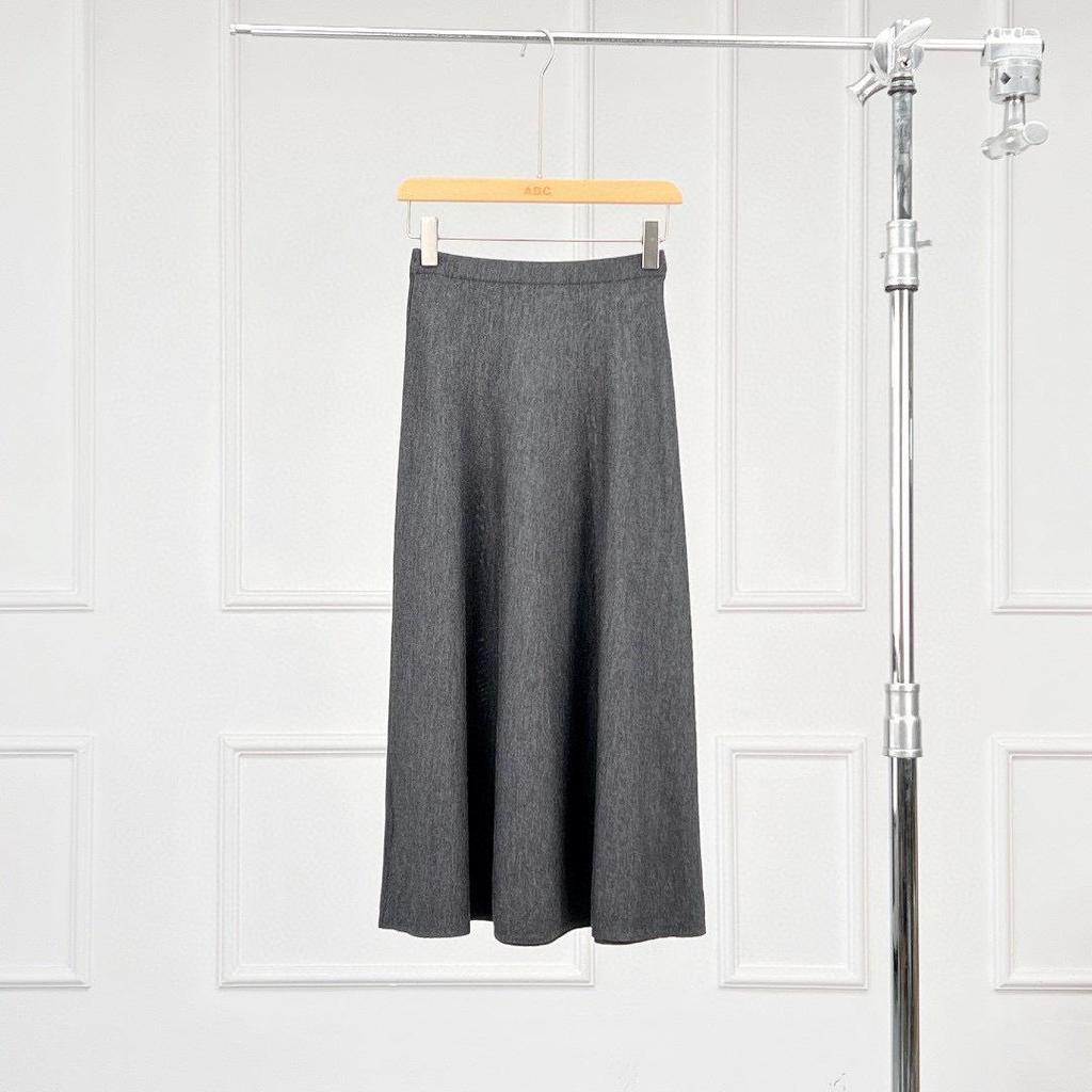 Black Label Women's A-Line Knitted Midi Skirt, Elastic Waist, Yangtze Yarn 2-Ply 48s Wool, Black Grey