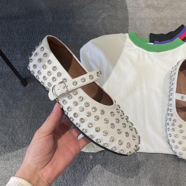 Sheepskin version of high-end feeling~ new leather rhinestone rivet Mary Jane shoes women's inner single shoes flat ballet shoes