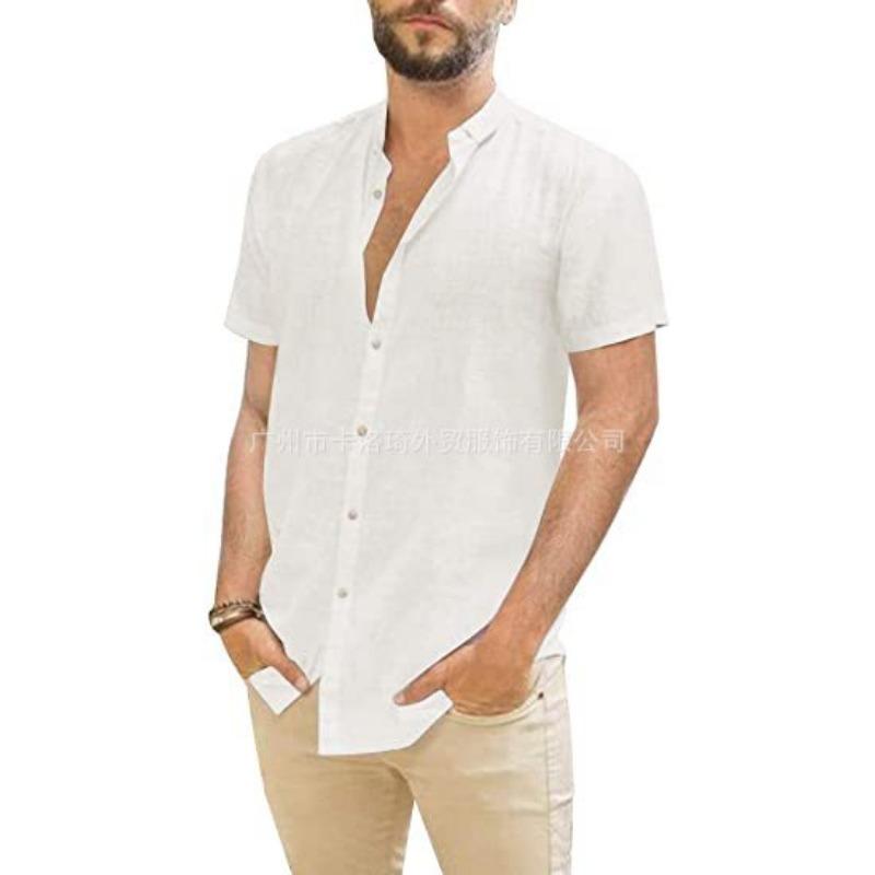 Mens Linen Short Sleeve Stand Collar Button Down Casual Shirt S белый
