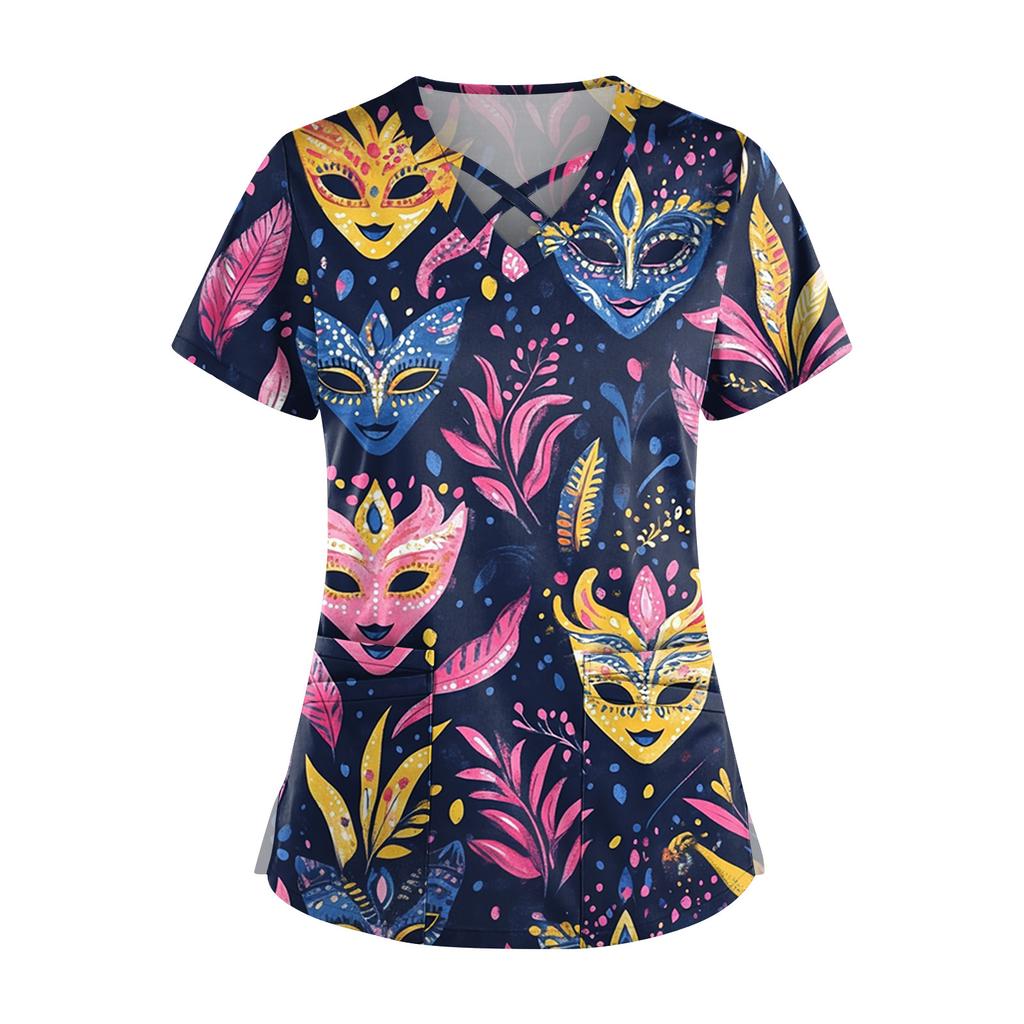 Dam Kortärmad Stagger V-ringad Tryck Ficka Torr-Topp