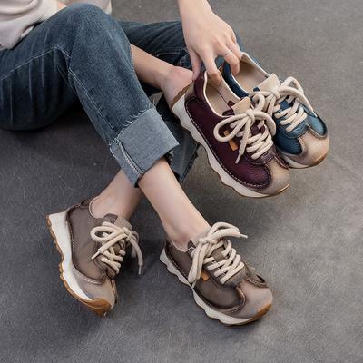 Genuine Leather Sneakers Versatile Casual Sports Shoes Round Toe Lacd-up Women's Flat Shoes