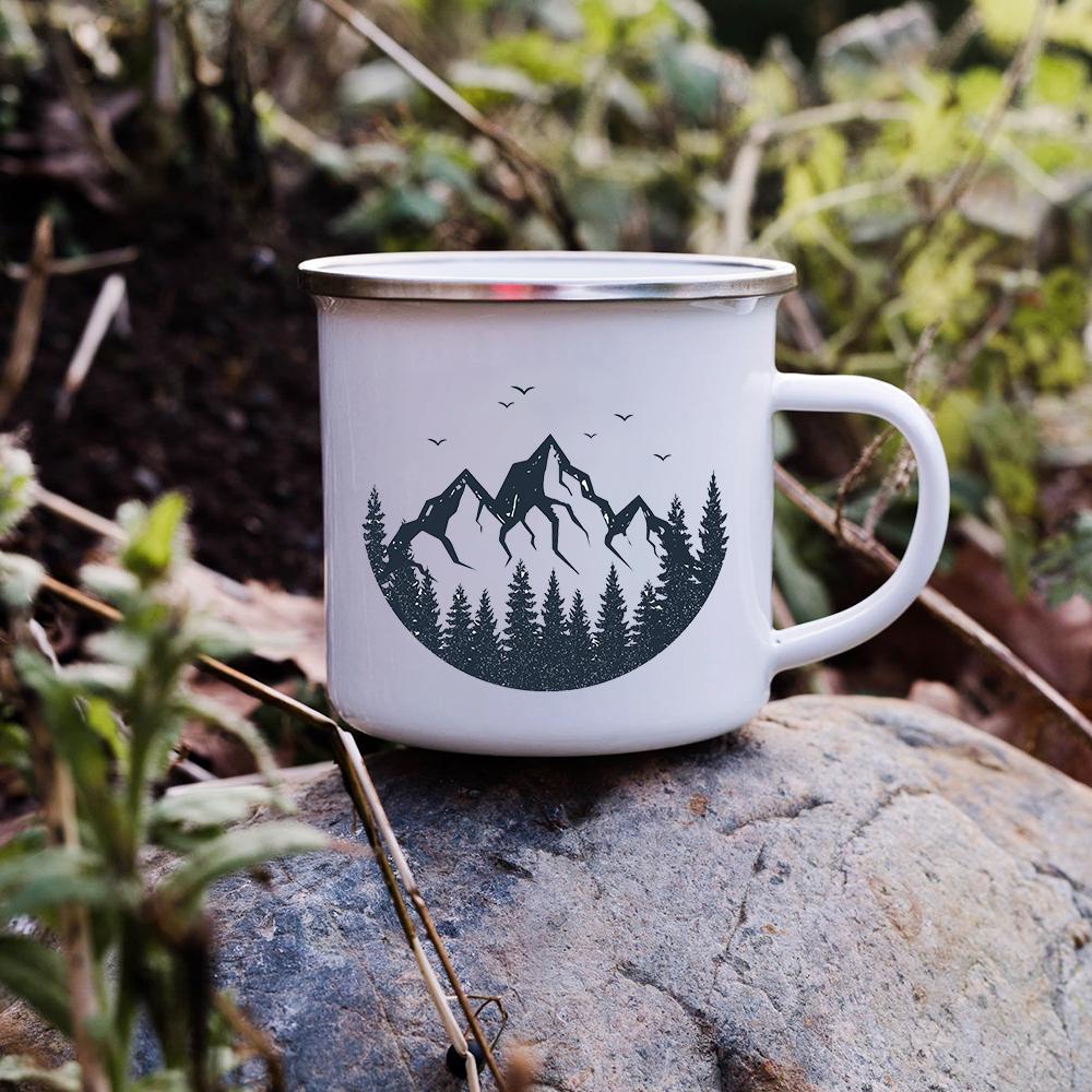 Sunset Forest Creek Creative Enamel Coffee Mugs Outdoor Travel Water Cups Camping Bonfire Party Beer Drink Milk Mug Best Gifts