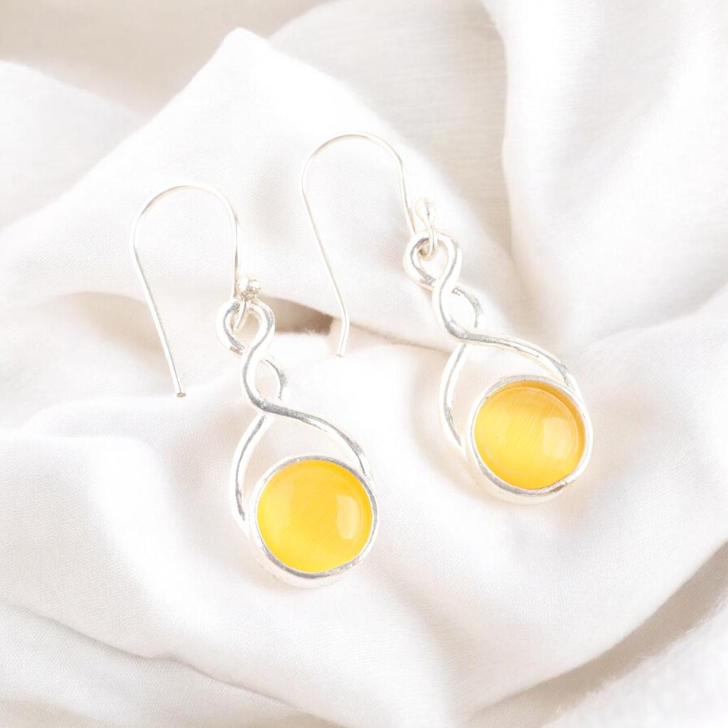 Round Shape Yellow Cat's Eye Gemstone 925 Stamped Silver Handmade Earrings 1.68" CE-15-41