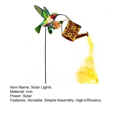 Solar Watering Can Garden Light Metal Hollow-Out Hummingbird Decorative Light Outdoor Spike Lamp for Lawn Pathway