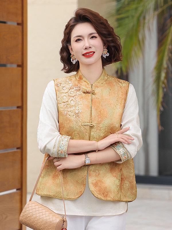 Women's Spring Retro Chinese Style Embroidered Frog Button Jacquard Vest and Shirt Set