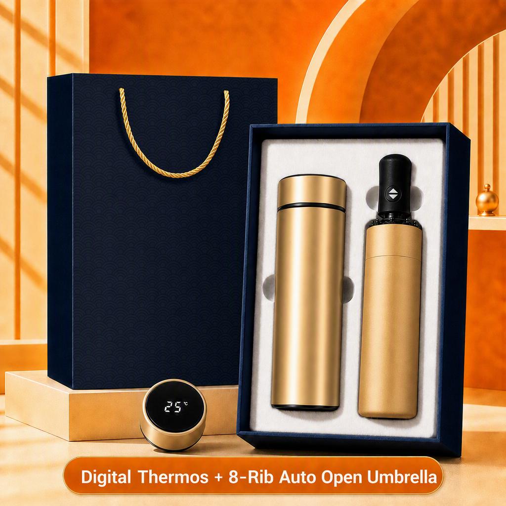 Custom Logo 7-in-1 Business Gift Set Power Bank Bluetooth Speaker Vacuum Flask 304 Stainless Steel Silver Gift Box