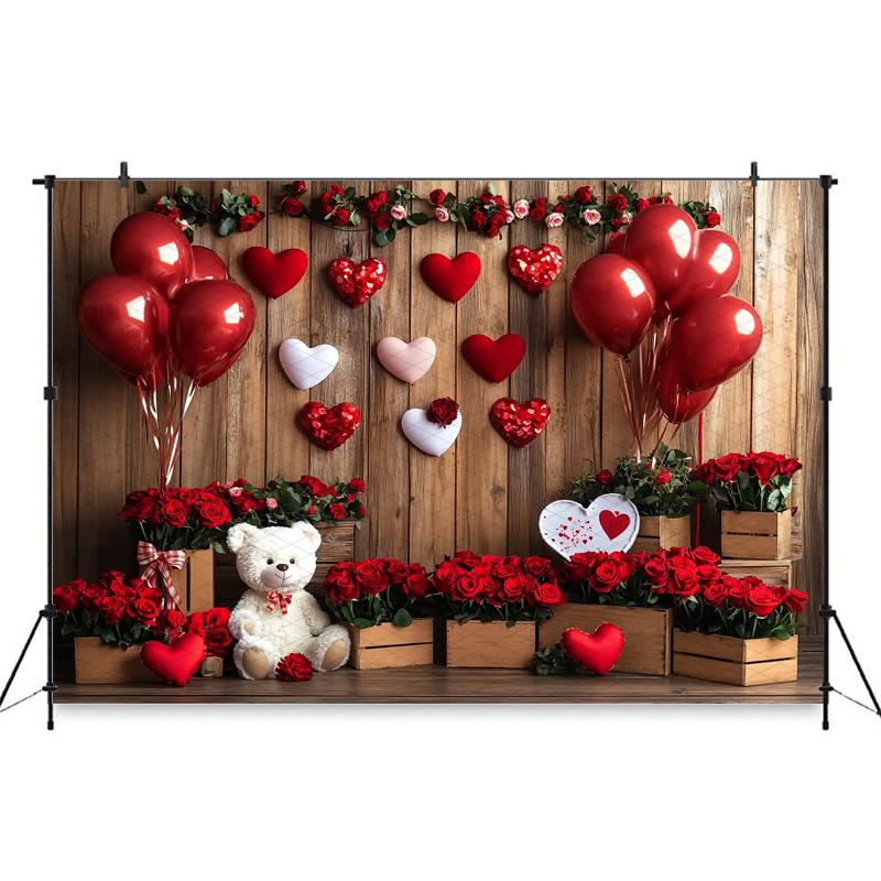 Mocsicka Valentine's Day Photo Backdrop Red Rose Love Balloons Flowers Bear Wallpaper Decorations Girl Woman Wedding Backgrounds