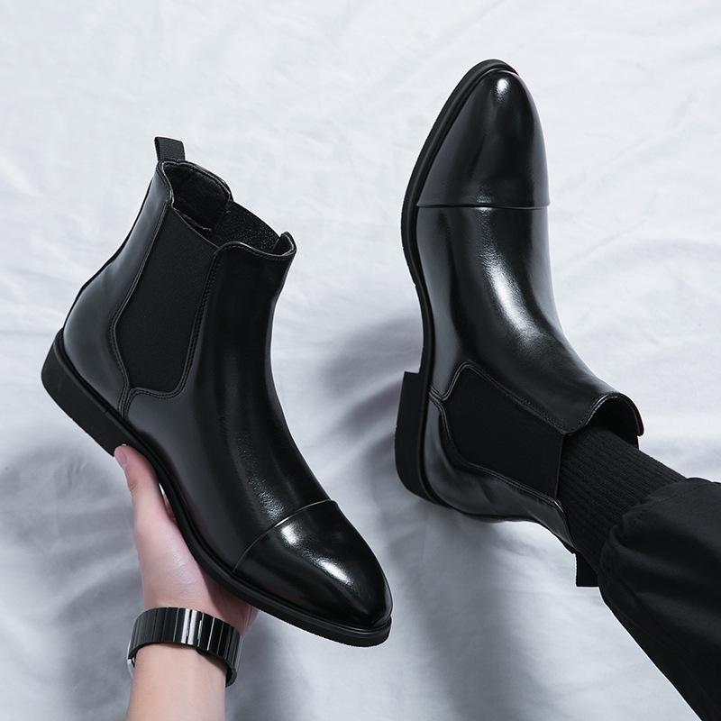 Men's European & American Style Plus Size Chelsea Boots, High-Top Pointed Leather, British Fashion Business Slip-On Short Boots