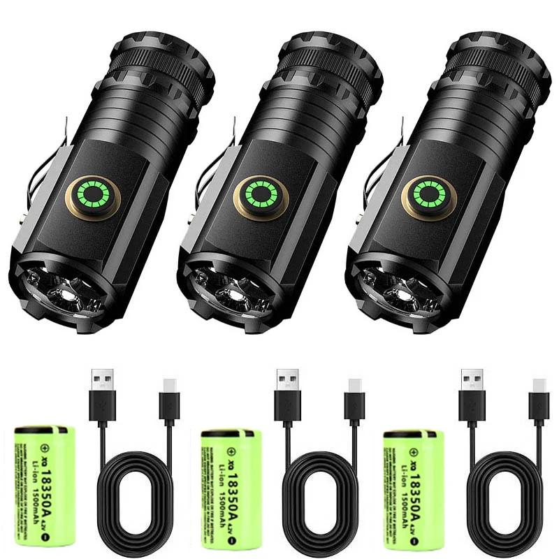 High Power Led Flashlights MINI Torch With 3 LED and Powerful Magnet Self-defense Lamp 5 Lighting Modes Bright Outdoor Lights