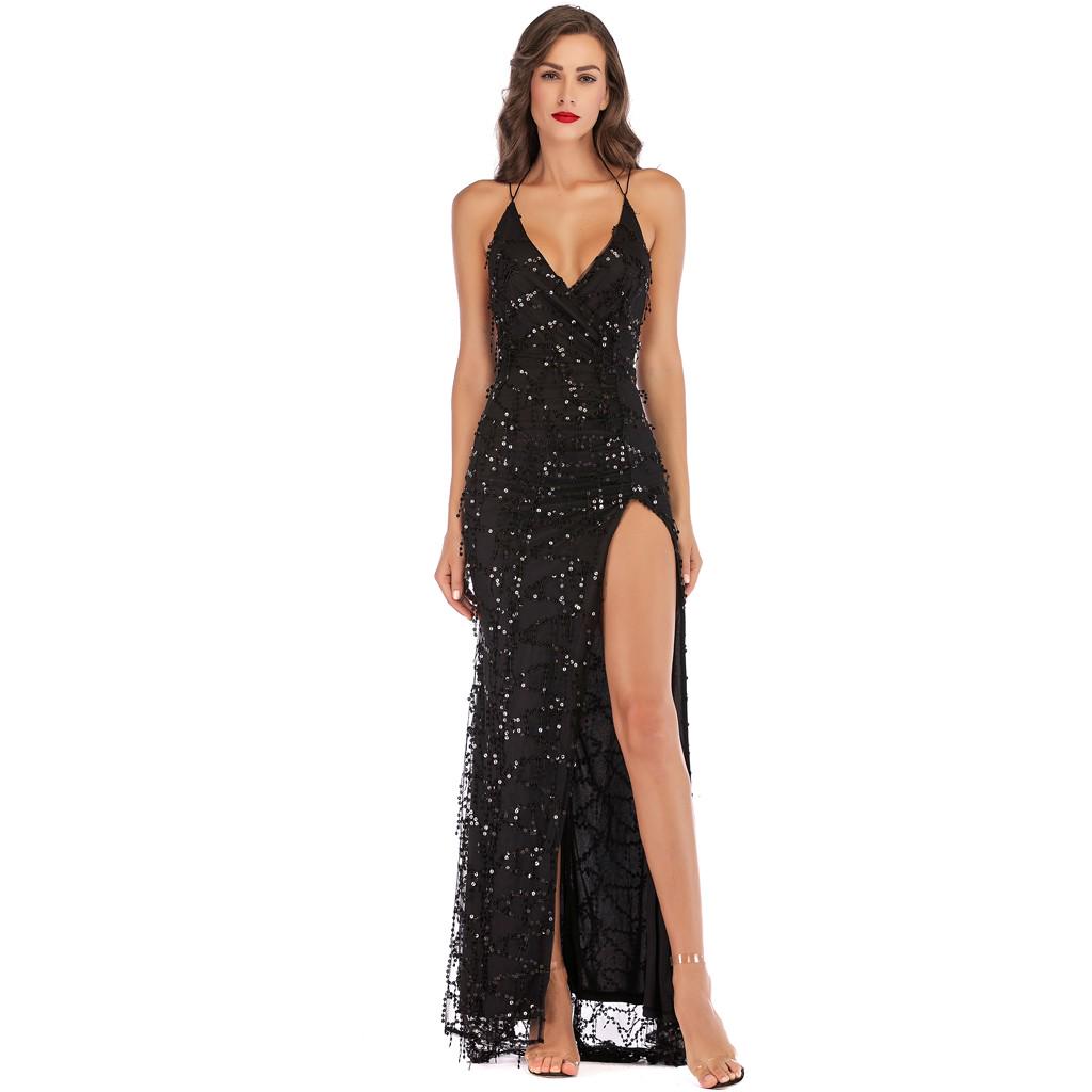 Sexy Women V Neck Maxi Sequin Backless Split Cocktail Prom Gown Dress