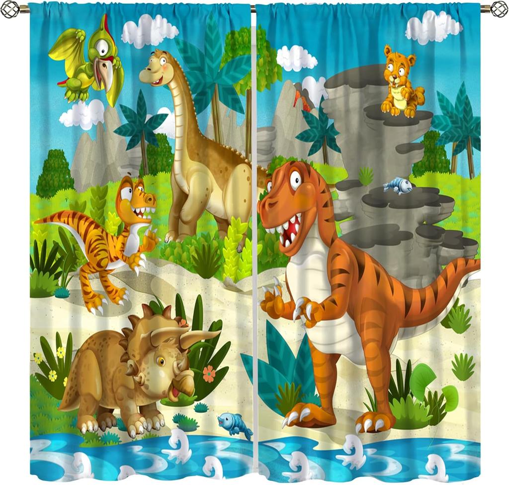 Boys Dinosaur Curtains, Cartoon Dino Kids Window Treatments For Boys Girls Children Nursery Living Room Bedroom, Colorful Safari