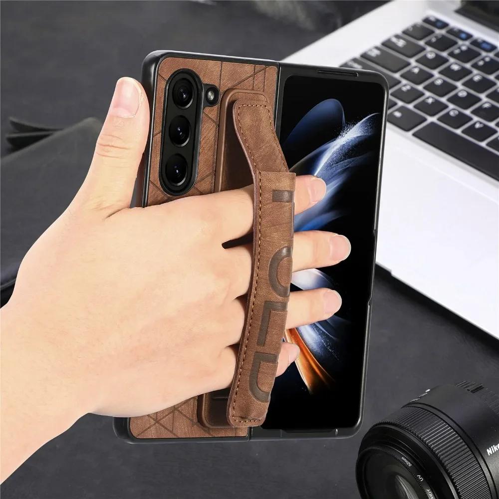 PU Leather Wrist Strap Cover for Samsung Galaxy Z Fold 6 5 4 3 5G Hard Phone Case with S Pen Holder & Finger Grip(no Pen)