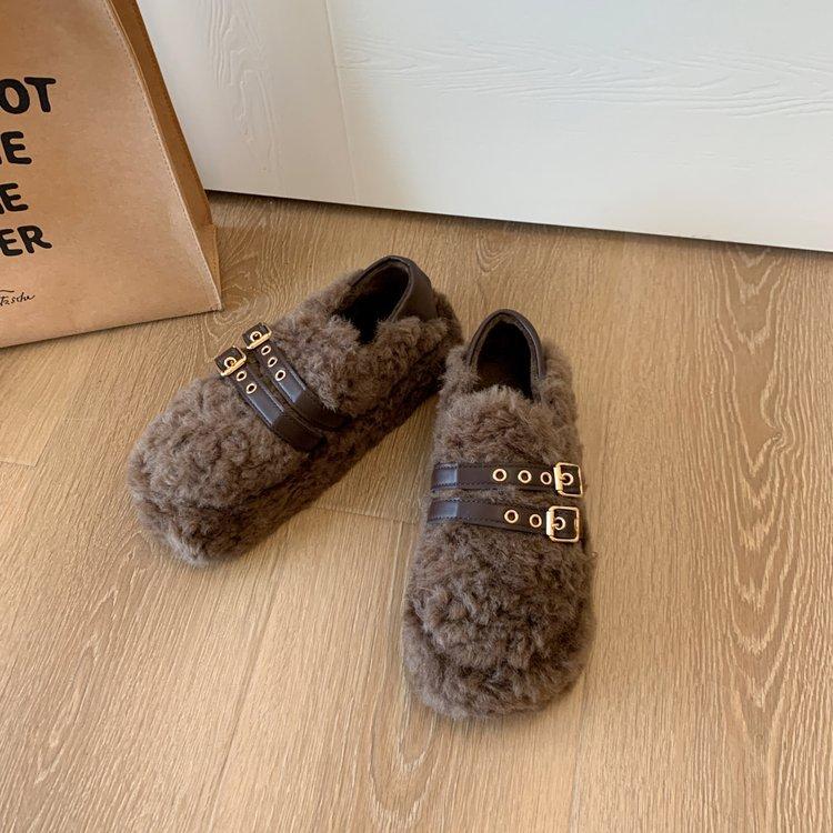 

Женские туфли из овечьей шерсти, которые носят осенью и зимой, нежные женские теплые хлопковые туфли на женской 5-сантиметровой толстой подошве, бархатные туфли-бобы на одной педали 40 коричневый