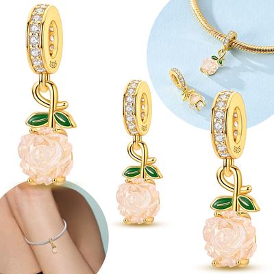 Authentic Original Charm Bead Components Copper Metal Luminous Rose Pendant Bead Component Pink Plant Flowers Bead Components Compatible With