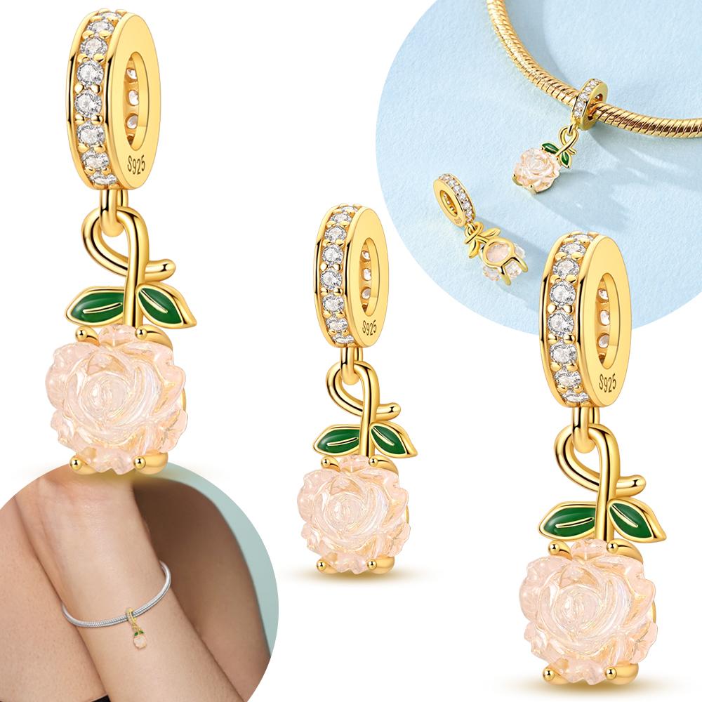 Authentic Original Charm Bead Components Copper Metal Luminous Rose Pendant Bead Component Pink Plant Flowers Bead Components Compatible With
