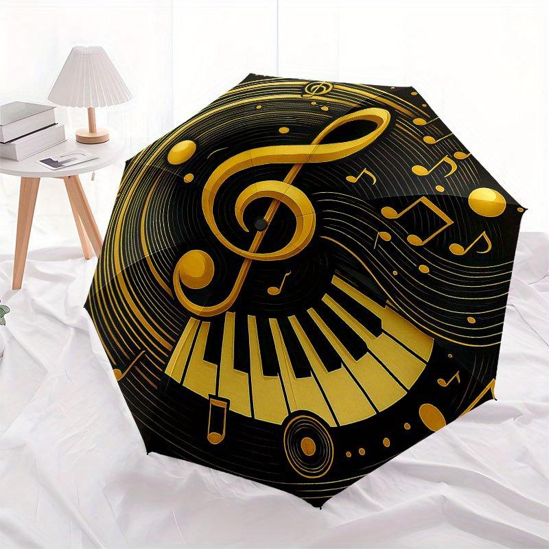 Golden Music Notes Vinyl Record Art Print Umbrella, Cute Umbrella with Cute Design, Portable 3-Fold Compact Umbrella for Men & Women, Valentine's Day