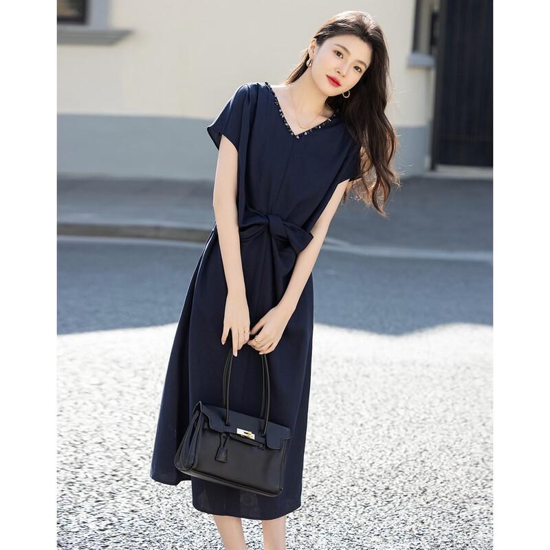 Women s Elegant Summer V-Neck Beaded Loose Dress XL