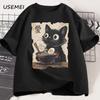Funny Cat Ramen T-shirt Graphic Tee Japanese Kawaii Anime Cat Graphic T Shirts Men Women Casual Short Sleeve Cotton Tee Shirt