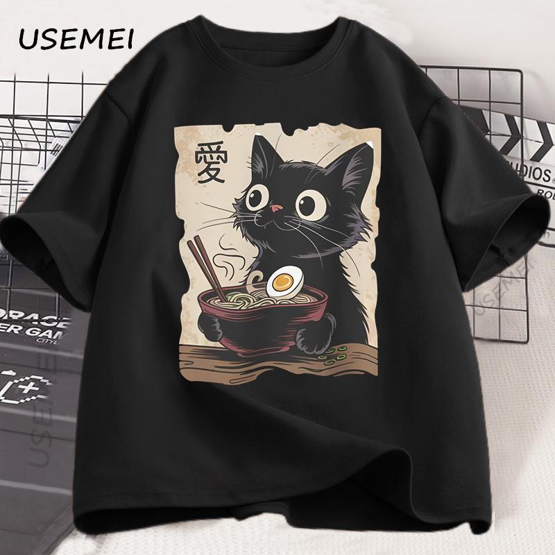 Funny Cat Ramen T-shirt Graphic Tee Japanese Kawaii Anime Cat Graphic T Shirts Men Women Casual Short Sleeve Cotton Tee Shirt