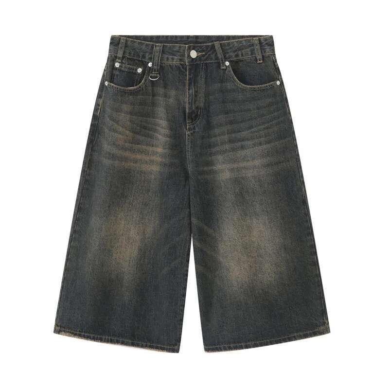 BeatStreet Styl Koreański Vintage Męskie Jeansowe Szorty Letnie Luźne Męskie Szerokie Nogawki Długość do Kolan Nowe Wypłukane Modne Krótkie Spodnie Jeansowe
