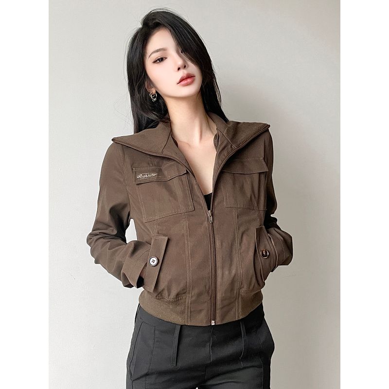 H Home European and American Women's Clothing Maillard Retro Pocket Zipper Workwear Short Jacket Sexy Slim Looking Stand Collar In Brown Jacket