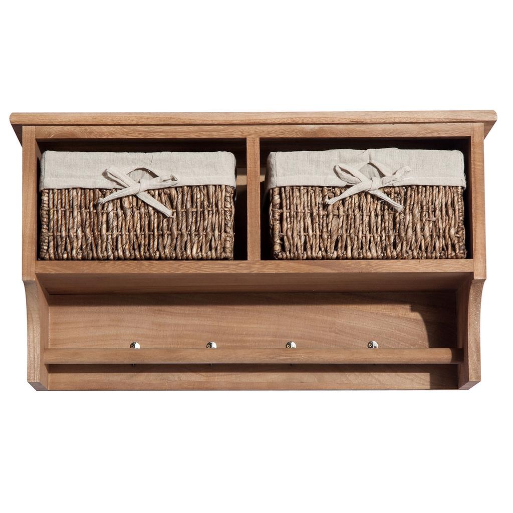 Entryway Coat Rack Wall Mounted Shelf w/ 2 Corn Husk Baskets and Hooks, Brown