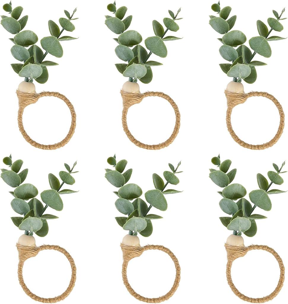 Boho Eucalyptus Leaf Napkins Rings, Napkin Rings Set of 6, Wood Bead Farmhouse Easter Napkin Holder for Weddings Christmas Party Table Decoration