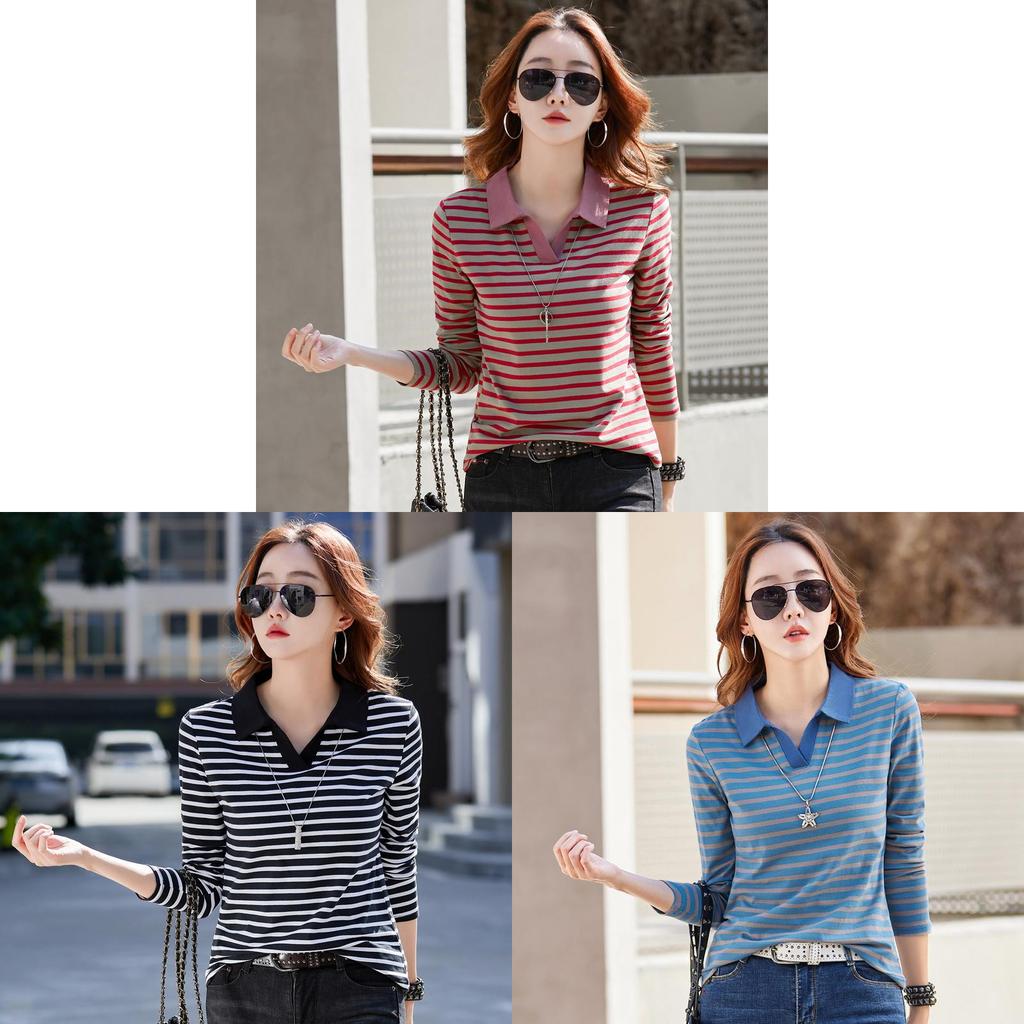 T-shirt femme manches longues col polo décontracté en coton brodé, collection printemps 2023