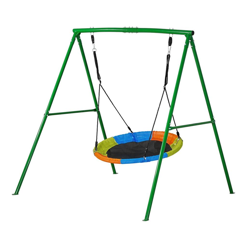 Swing Set for Backyard, 100 Cm Saucer Swing Seat with Heavy Duty A-Frame Metal Stand, 199.6 Kg Load Capacity, Reinforced with Spiral Ground Anchors,