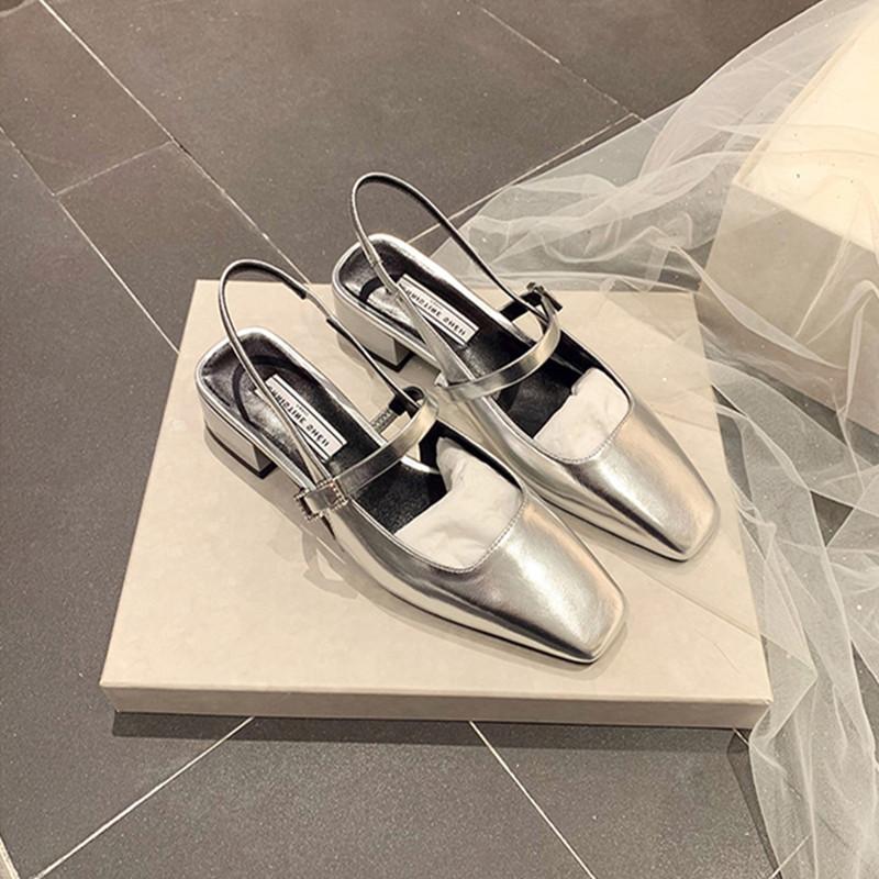 Mid Heels Office Lady Mary Jane Shoes Retro Patent Leather Square Head SlingbacksWomen with Thick Heels and Empty Sandals