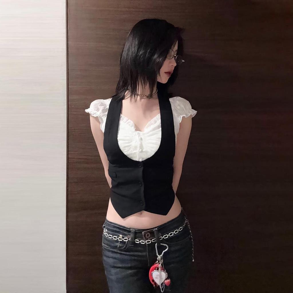 Vintage Preppy Two-Piece Spliced Vest: Sleek & Sexy Crop Top