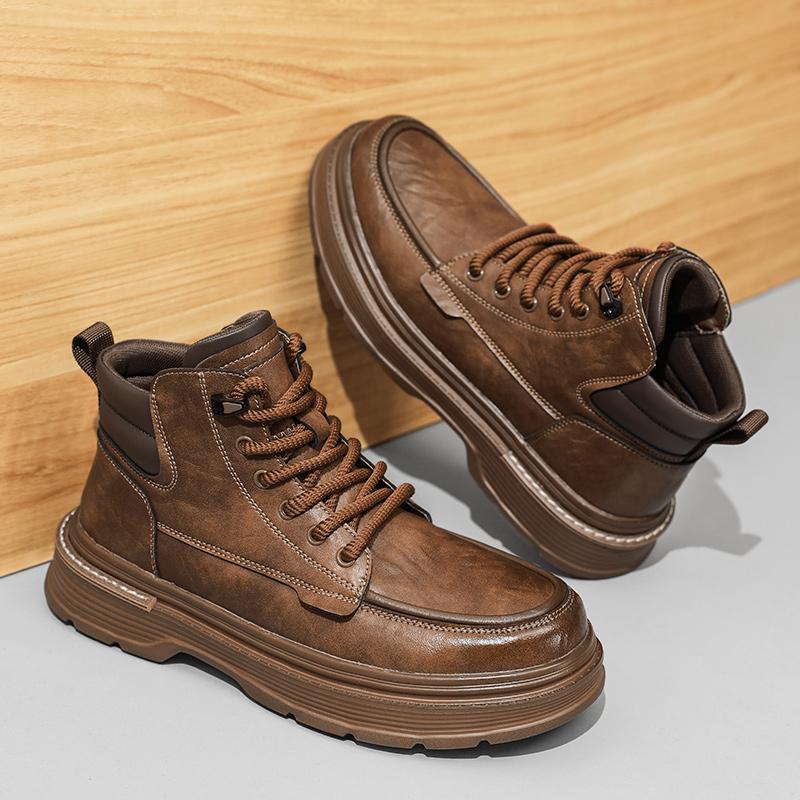 

New Men s Autumn High-top British-style Retro Casual Leather Shoes, High-top Sports Thick-soled Height-increasing Work Shoes 44 коричневий