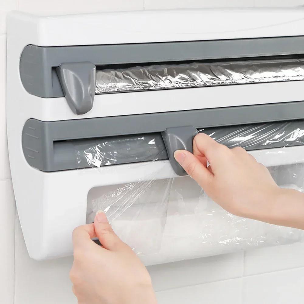 New Multi-function Kitchen Storage Shelf Wrap Plastic Belt Cutter Wrap Cutter Triple Roll Paper Dispenser Tin Film Towel Holde