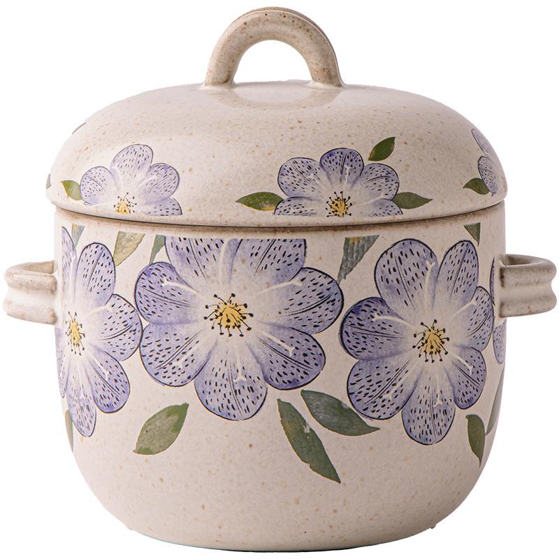 Kitchen Chinese Retro Binaural Stew Cup With Lid Water-Proof Stew Pot Ceramic Crock Pot Small Soup Cup Outlet