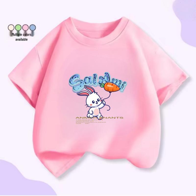 Cute Cartoon Rabbit Baby Girls' Cotton Round Neck Summer T-Shirt