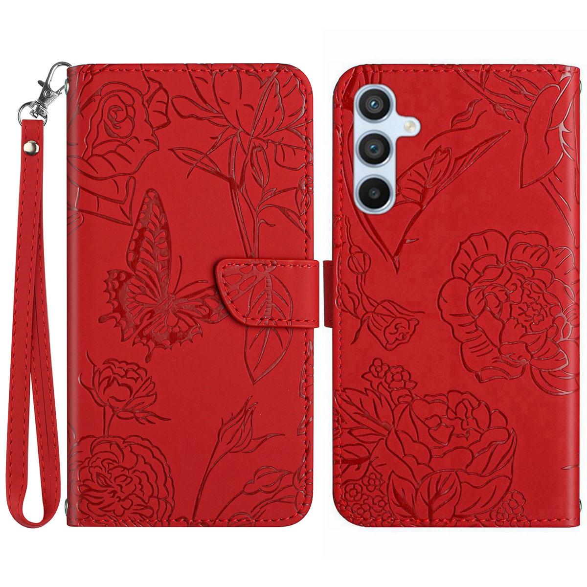 

HT03 Чехол для телефона Samsung Galaxy A16 5G/A16 4G Кожаный чехол с тиснением бабочки и цветка со шнурком Red