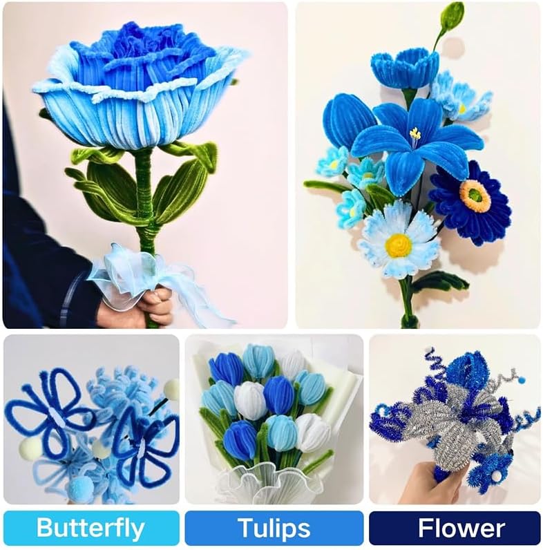 100/300 PCS 6 Colors Gradient Blue Pipe Cleaners Chenille Stems, Pipe Cleaners Craft, Pipe Cleaners Set for DIY Art and Craft