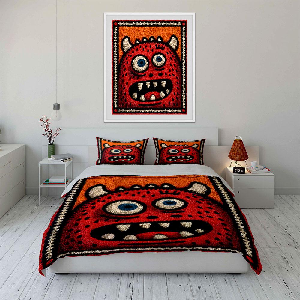 Red Monster Cartoon Design Bedding Duvet Cover Set (1*Duvet Cover 2*Pillowcases, without duvet insert)