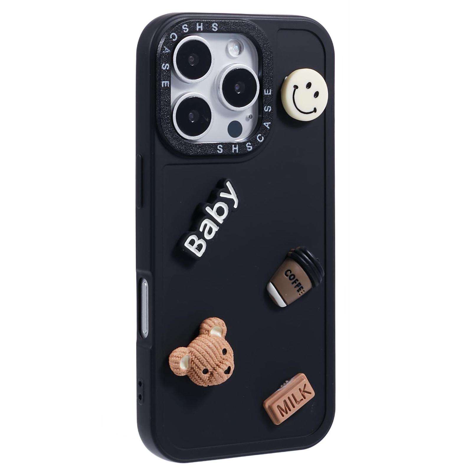 

For iPhone 16 Pro TPU Phone Case 3D Cute Coffee Bear Back Cover with Black Camera Frame Black