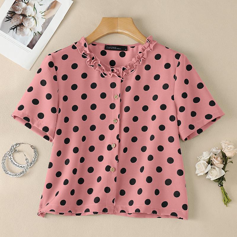 ZANZEA Women Casual Round Neck Polka Dot Print Short Sleeve Blouse