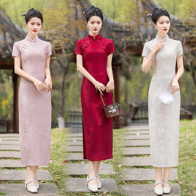 Summer new long lace jacquard composite bright silk short-sleeved national style cheongsam daily mother wedding dress