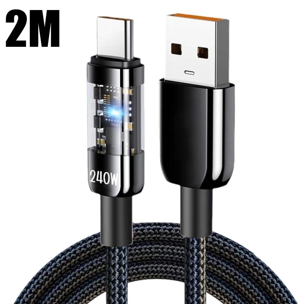 240W USB C Fast Charging Cable USB Type C Transparent Mobile Phone Data Line For Samsung Xiaomi iPhone 16 15 USB C Charger Cord