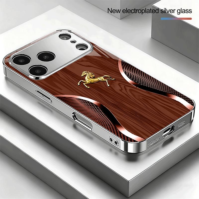 Golden Horse Wood Texture Tempered Glass Phone Case For iPhone 17 16 15 14 13 12 11 Pro Max Plus Air Electroplate Silver Cover