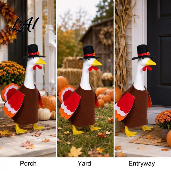 Thanksgiving Garden Goose Outfit 1 Set Turkey Outfit Porch Costume with Top Autumn Harvest Yard Decoration Hat And Wings for 23 Inch Statue,