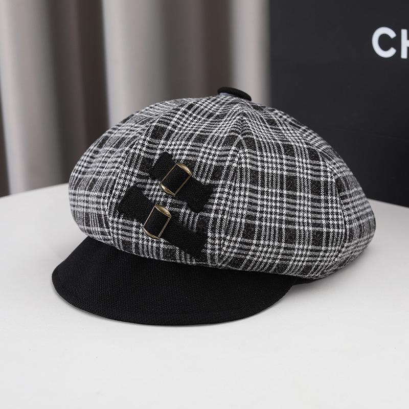 Early spring hat women's new autumn and winter octagonal hat versatile British retro plaid Bere newsboy hat