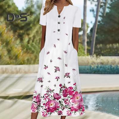 A Line Long T-Shirt Dress for Women Button Up V Neck Short Sleeve Maxi Swing Dress Summer Casual Printed Beach Sundress