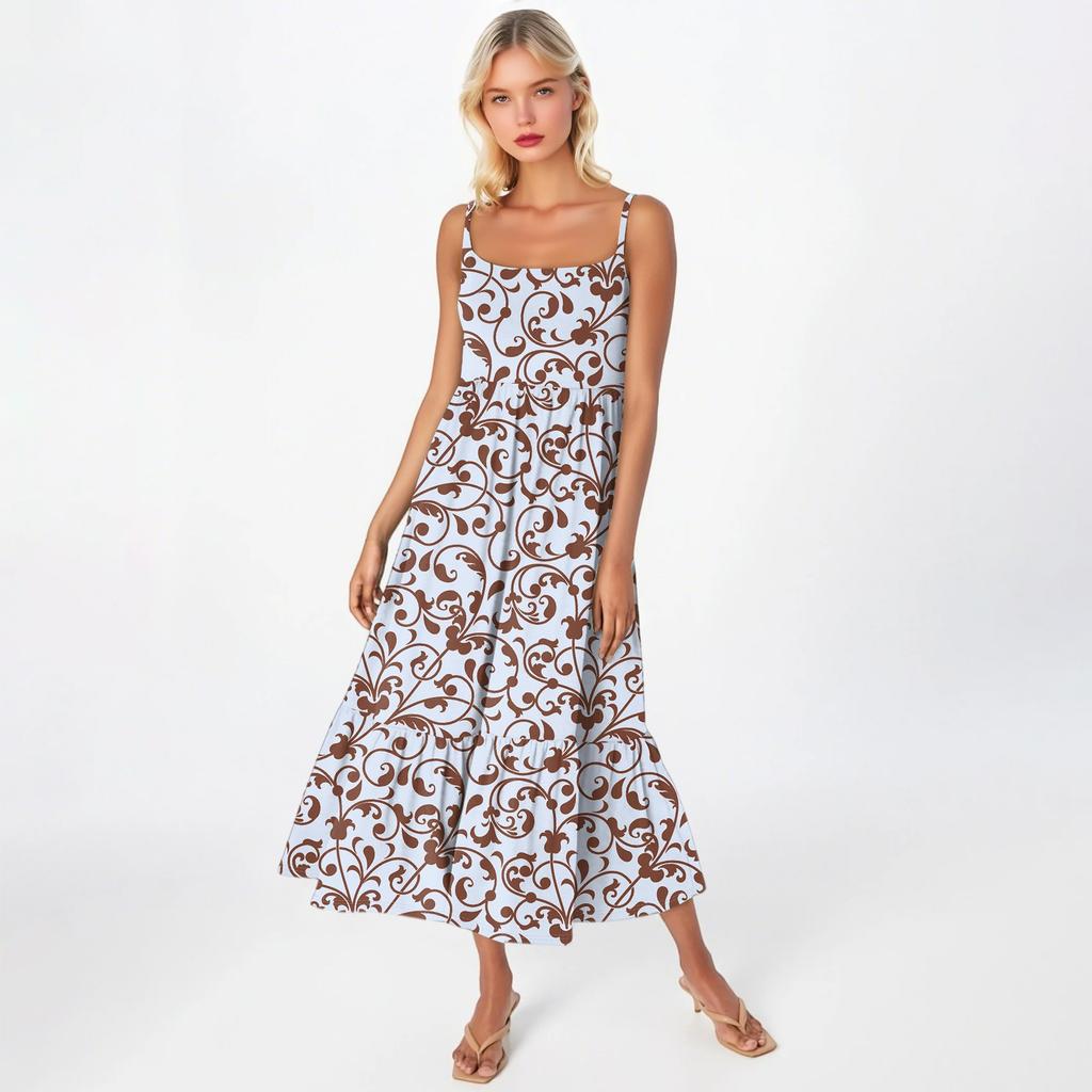 Women's Long Beach Casual Elegant Spaghetti Strap Maxi Dress Stitching Low-key Flowing Bohemian Dress