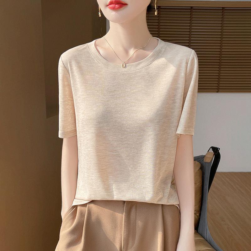 Tencel Women's Breathable Round Neck Short Sleeve Top - Spring & Summer Versatile Loose Fit