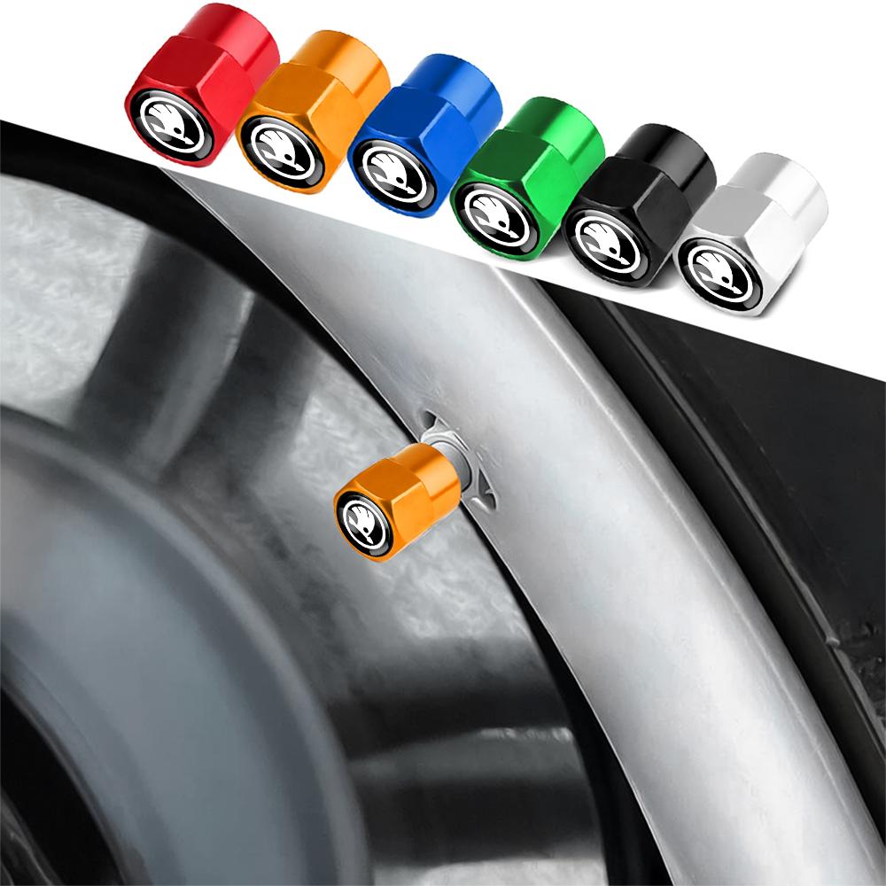 WOHE7 4Pcs Metal Car Wheel Tire Air Valve Dust Caps Rim Accessories For Skoda Kodiaq Octavia Fabia Karoq Enyaq Kamiq Superb Scala VRS