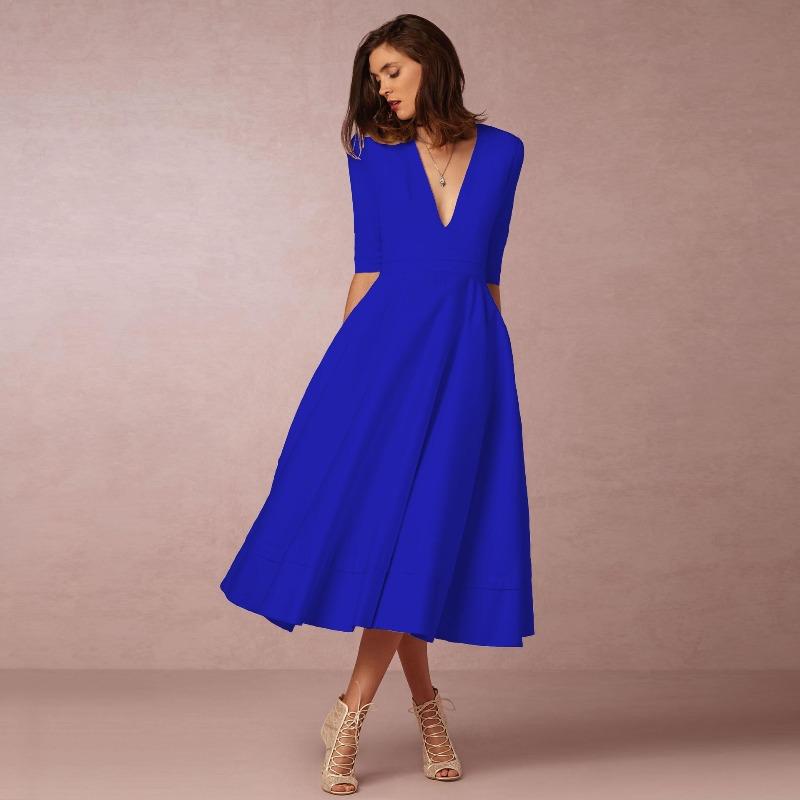 New Women's Evening Dress Sexy Deep Medium Sleeve Big Swing Dress